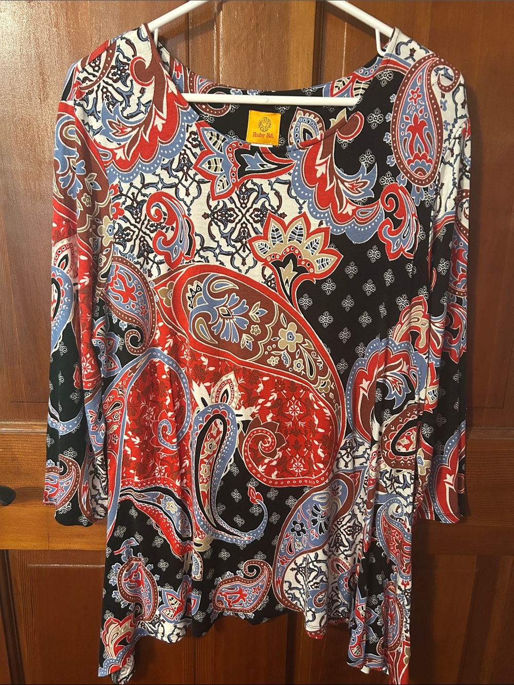 Ruby Rd. Black Paisley Pattern Top with Red & Blue Accents